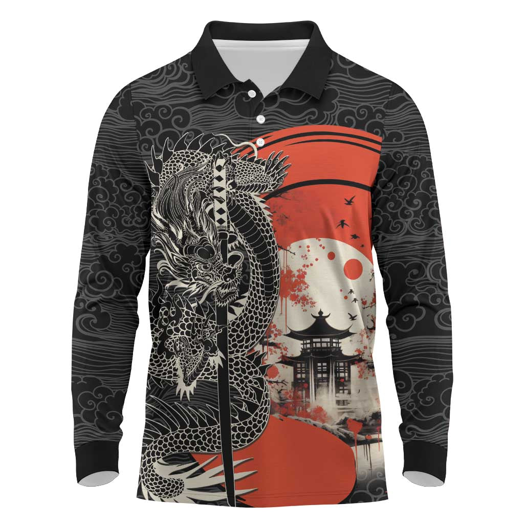 Japanese Dragon Katana Enso Long Sleeve Polo Shirt Japan Pagoda Seamless Cloud - Wonder Print Shop