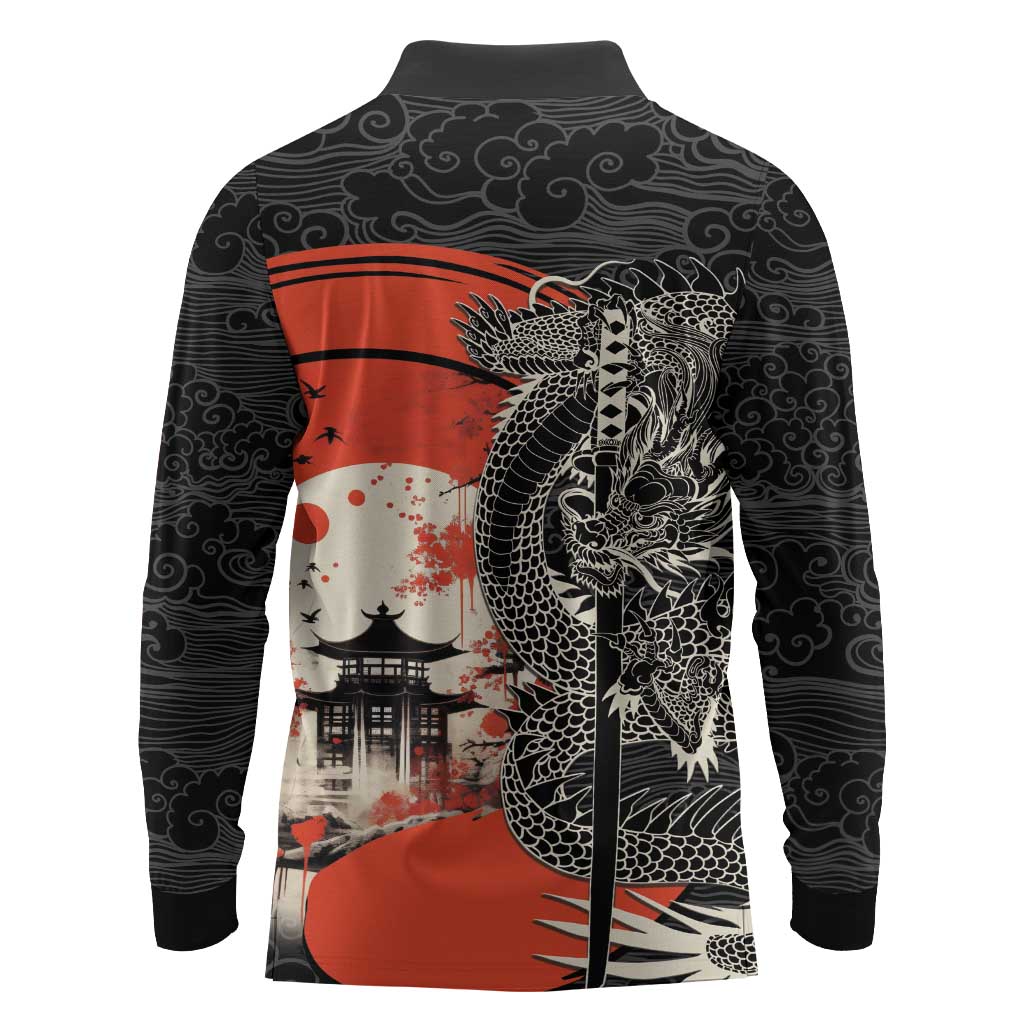 Japanese Dragon Katana Enso Long Sleeve Polo Shirt Japan Pagoda Seamless Cloud - Wonder Print Shop