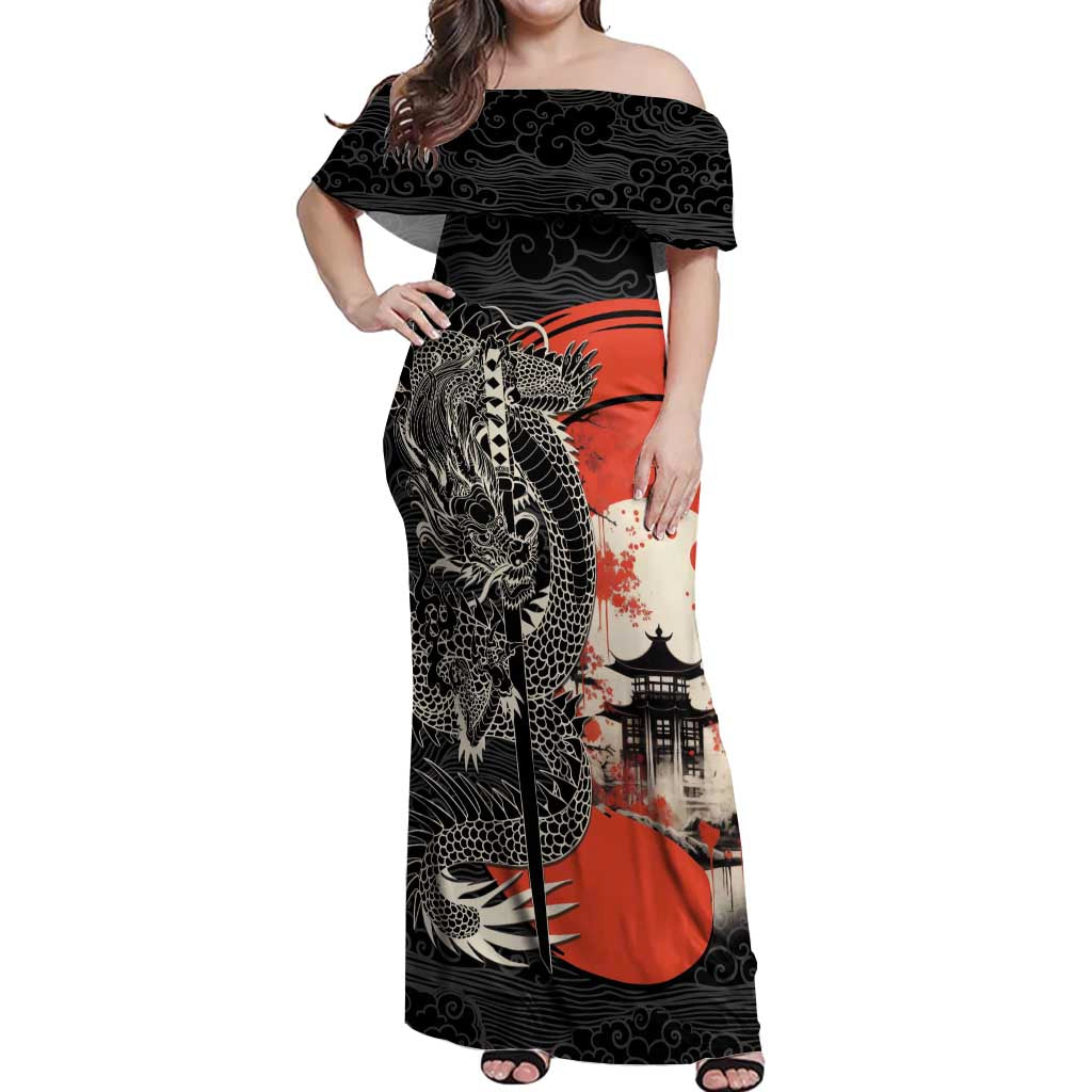 Japanese Dragon Katana Enso Off Shoulder Maxi Dress Japan Pagoda Seamless Cloud - Wonder Print Shop