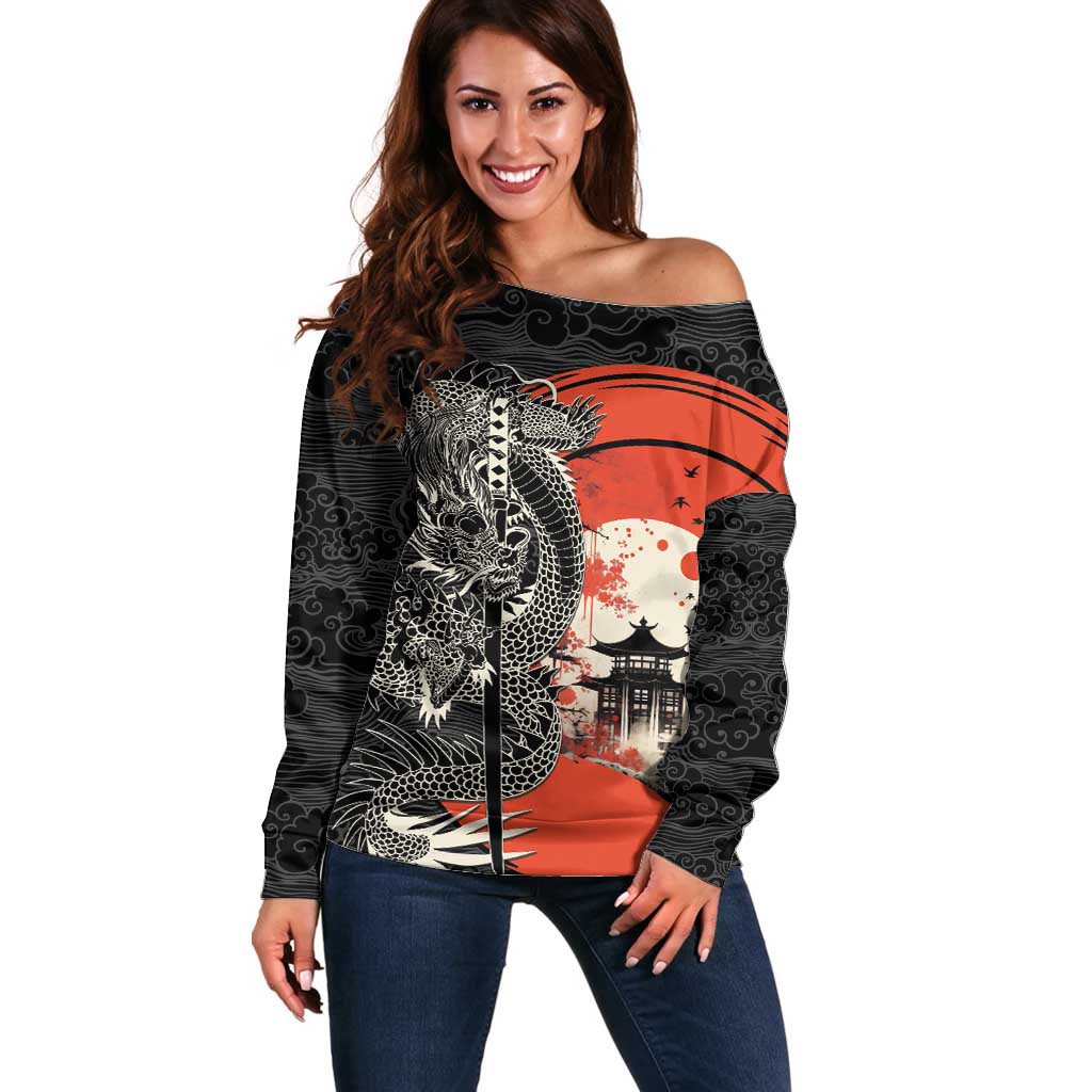 Japanese Dragon Katana Enso Off Shoulder Sweater Japan Pagoda Seamless Cloud - Wonder Print Shop