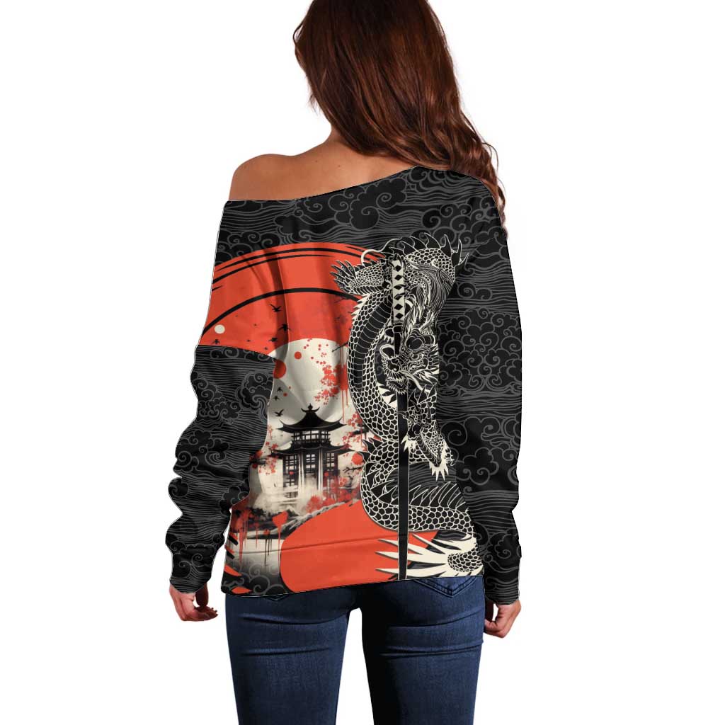 Japanese Dragon Katana Enso Off Shoulder Sweater Japan Pagoda Seamless Cloud - Wonder Print Shop