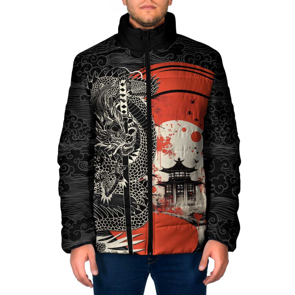 Japanese Dragon Katana Enso Padded Jacket Japan Pagoda Seamless Cloud - Wonder Print Shop