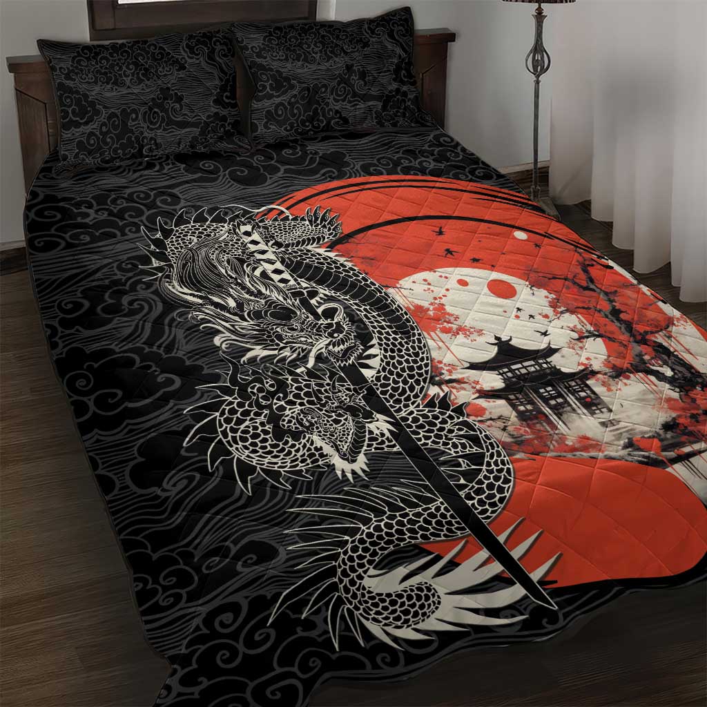 Japanese Dragon Katana Enso Quilt Bed Set Japan Pagoda Seamless Cloud - Wonder Print Shop
