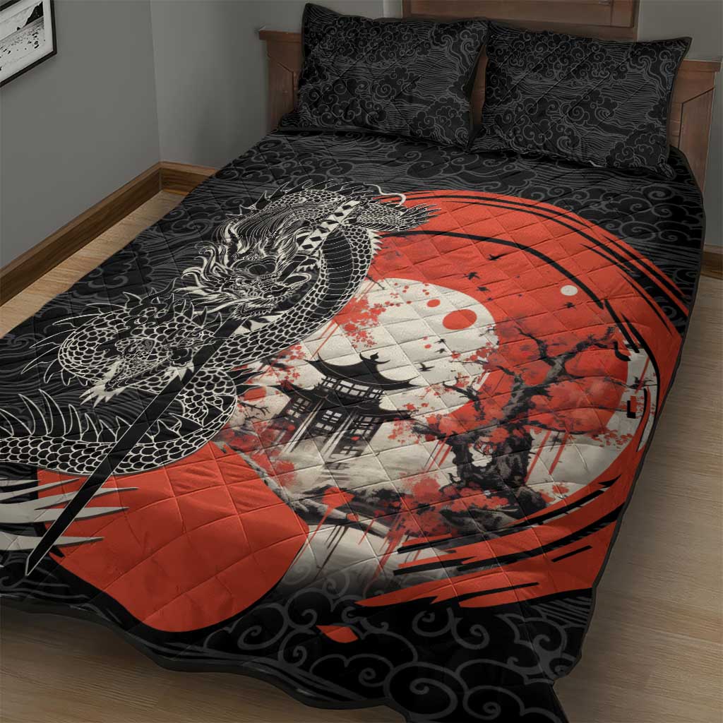 Japanese Dragon Katana Enso Quilt Bed Set Japan Pagoda Seamless Cloud - Wonder Print Shop
