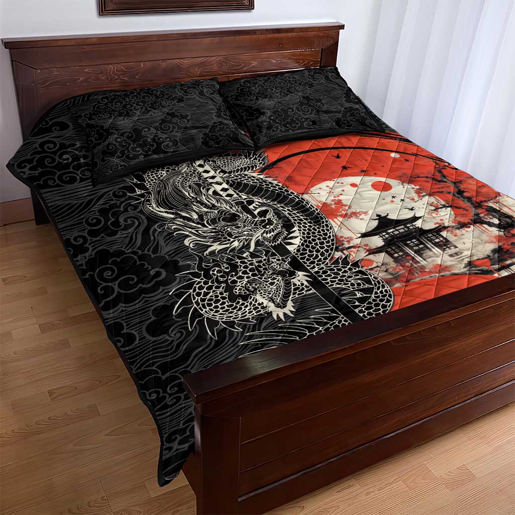 Japanese Dragon Katana Enso Quilt Bed Set Japan Pagoda Seamless Cloud - Wonder Print Shop