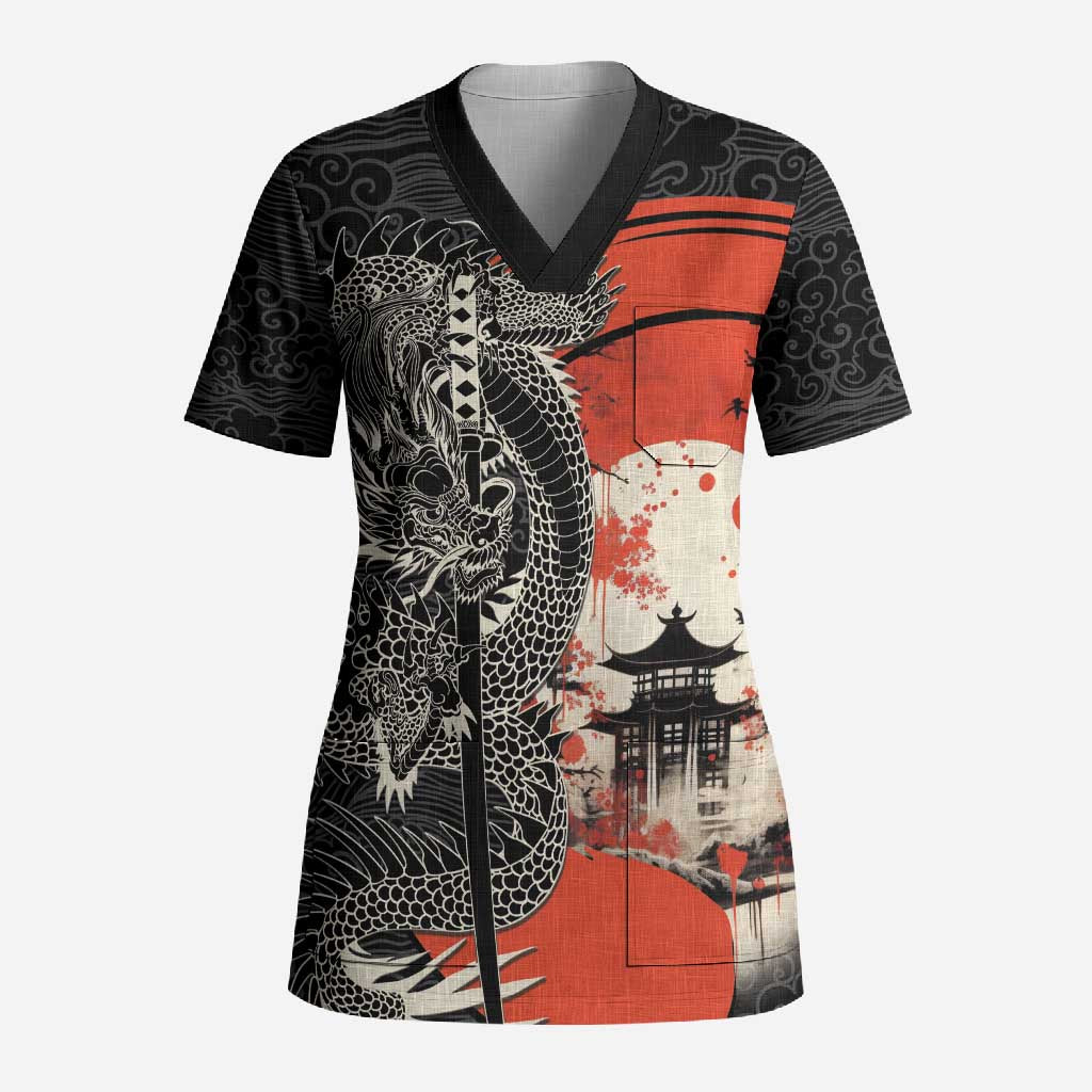 Japanese Dragon Katana Enso Scrub Top Japan Pagoda Seamless Cloud - Wonder Print Shop