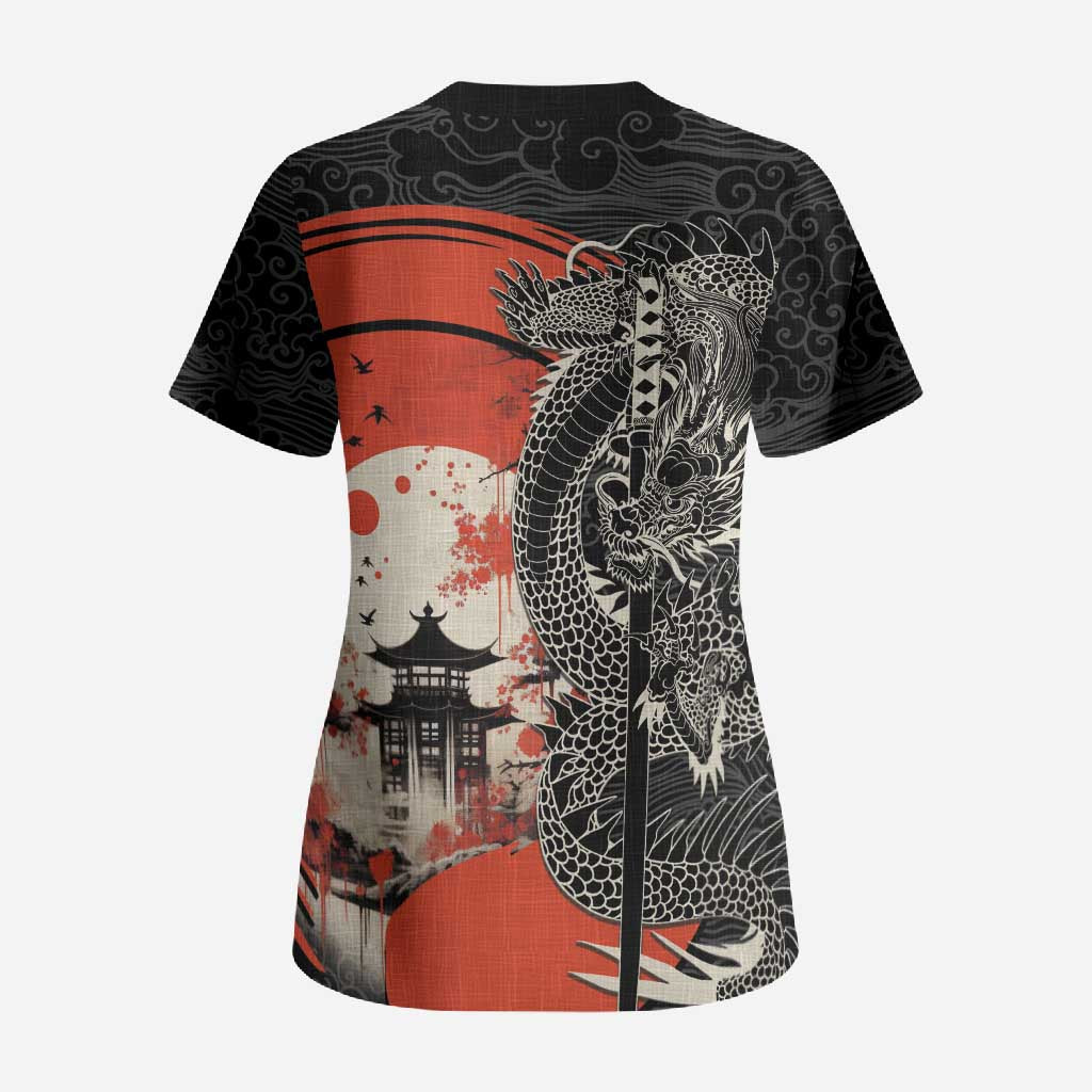 Japanese Dragon Katana Enso Scrub Top Japan Pagoda Seamless Cloud - Wonder Print Shop