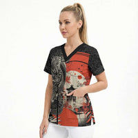Japanese Dragon Katana Enso Scrub Top Japan Pagoda Seamless Cloud - Wonder Print Shop
