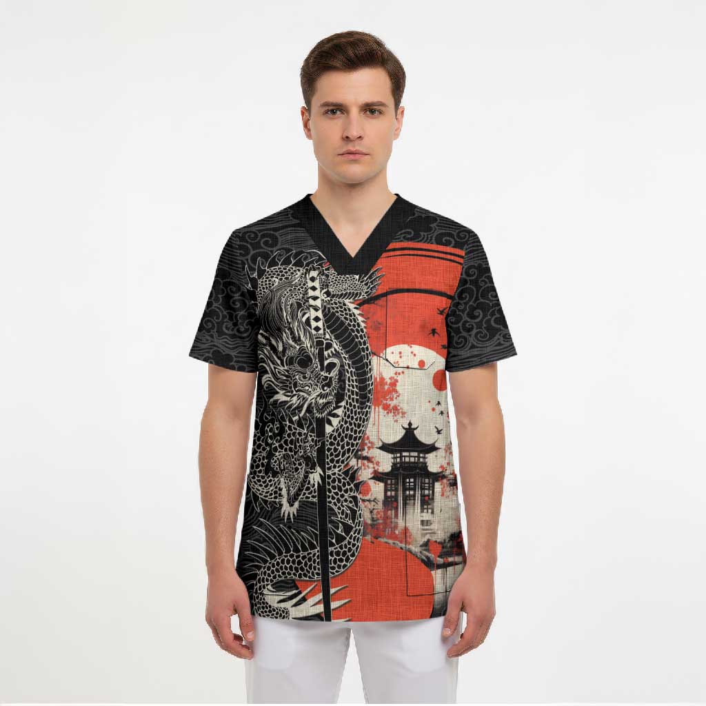 Japanese Dragon Katana Enso Scrub Top Japan Pagoda Seamless Cloud - Wonder Print Shop