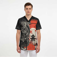 Japanese Dragon Katana Enso Scrub Top Japan Pagoda Seamless Cloud - Wonder Print Shop