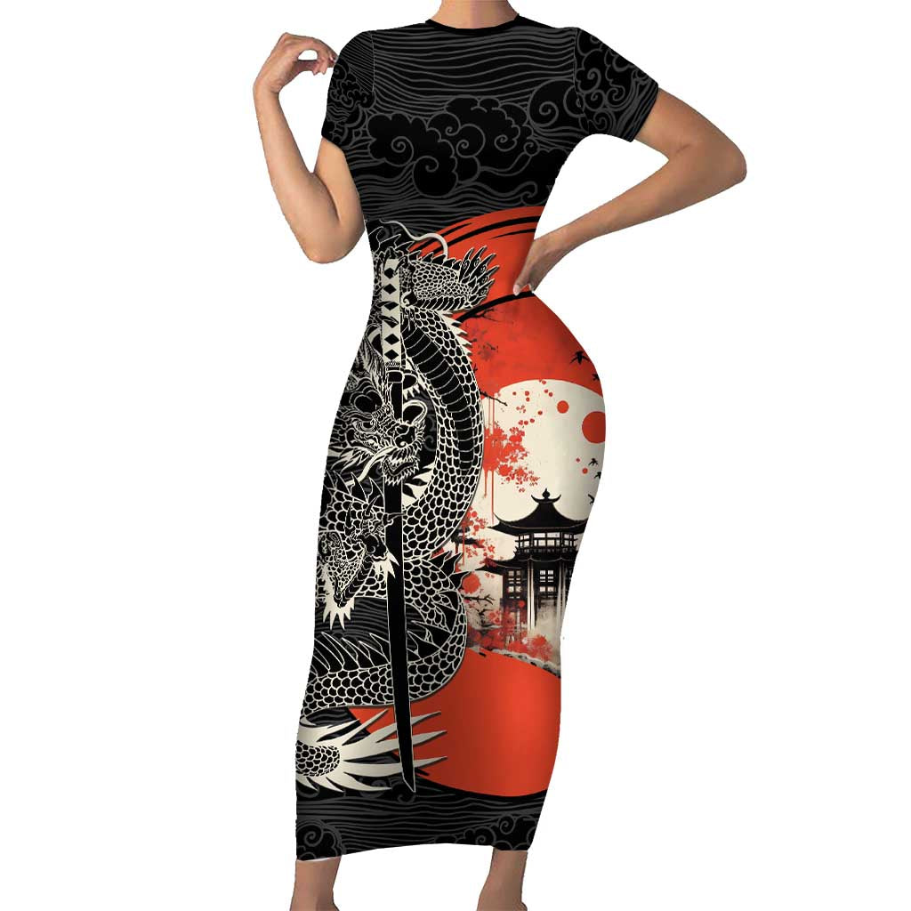 Japanese Dragon Katana Enso Short Sleeve Bodycon Dress Japan Pagoda Seamless Cloud - Wonder Print Shop