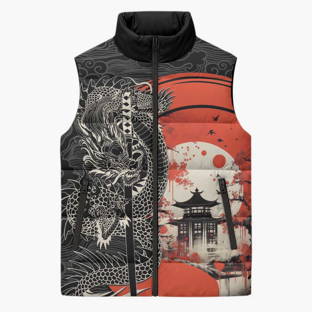 Japanese Dragon Katana Enso Sleeveless Puffer Jacket Japan Pagoda Seamless Cloud - Wonder Print Shop
