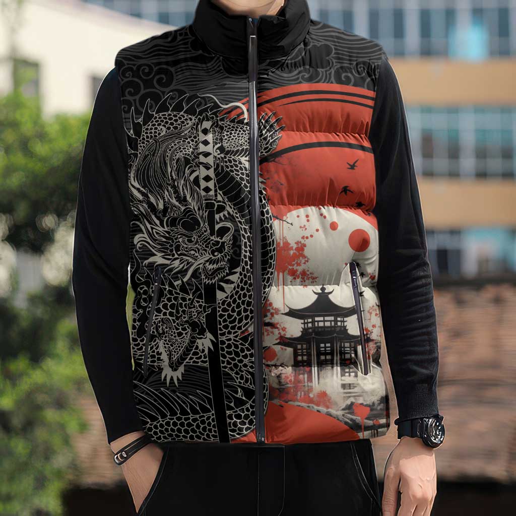 Japanese Dragon Katana Enso Sleeveless Puffer Jacket Japan Pagoda Seamless Cloud - Wonder Print Shop