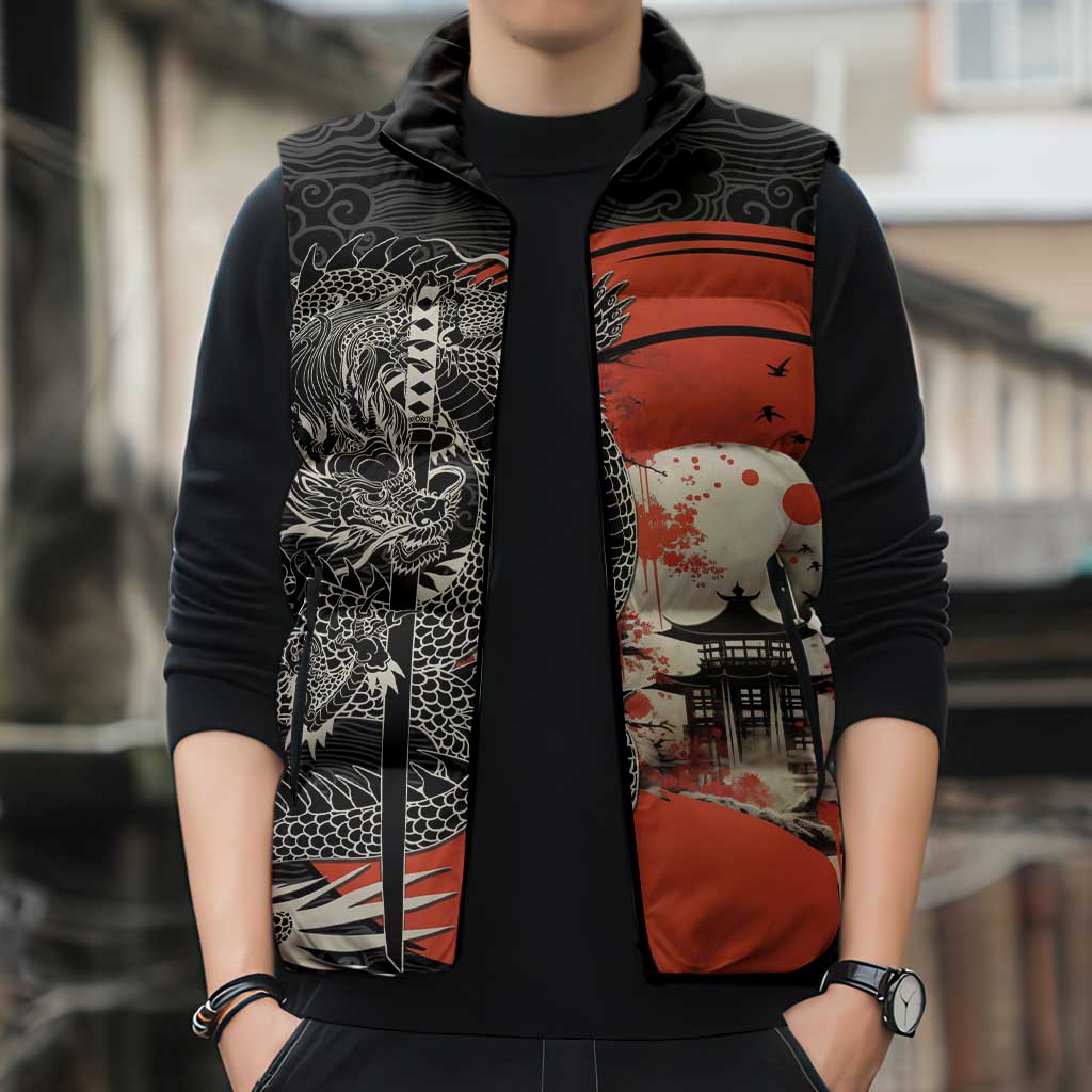 Japanese Dragon Katana Enso Sleeveless Puffer Jacket Japan Pagoda Seamless Cloud - Wonder Print Shop