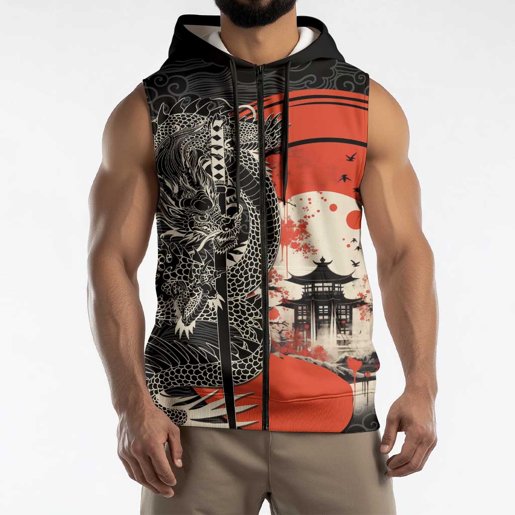 Japanese Dragon Katana Enso Sleeveless Zip Hoodie Japan Pagoda Seamless Cloud - Wonder Print Shop