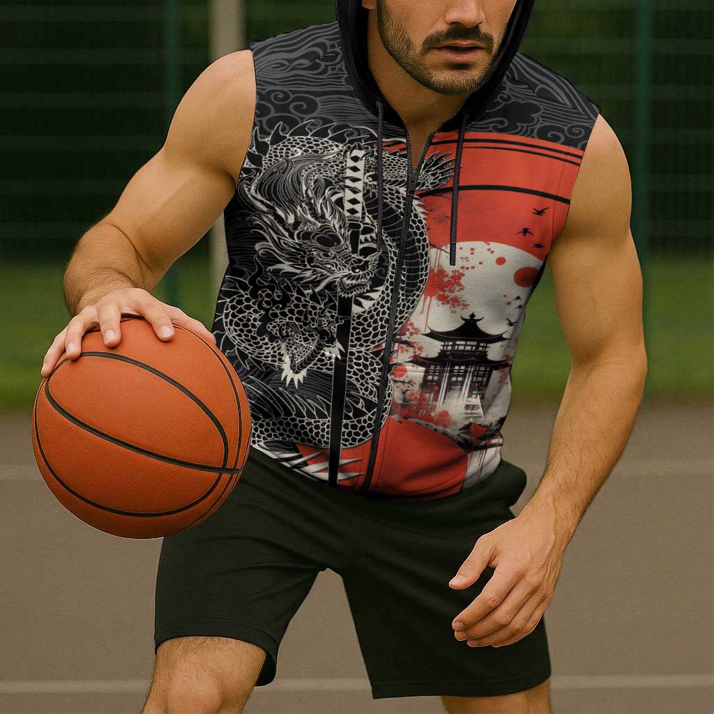 Japanese Dragon Katana Enso Sleeveless Zip Hoodie Japan Pagoda Seamless Cloud - Wonder Print Shop