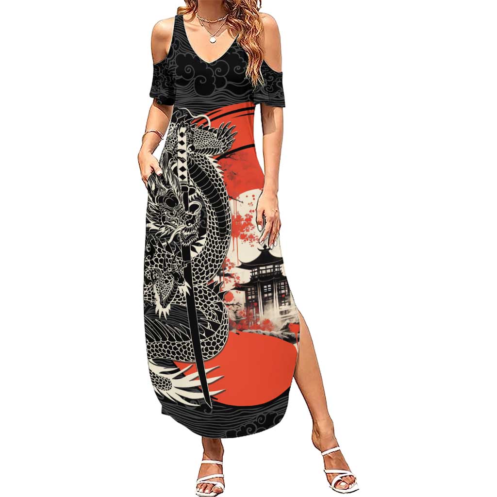 Japanese Dragon Katana Enso Summer Maxi Dress Japan Pagoda Seamless Cloud - Wonder Print Shop