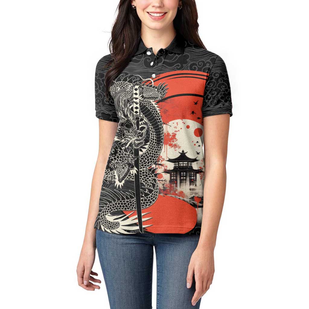 Japanese Dragon Katana Enso Women Polo Shirt Japan Pagoda Seamless Cloud - Wonder Print Shop