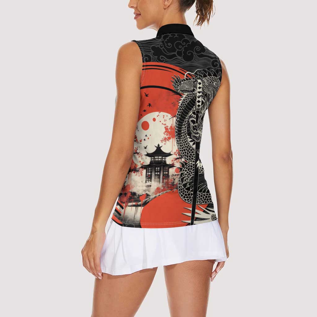 Japanese Dragon Katana Enso Women Sleeveless Polo Shirt Japan Pagoda Seamless Cloud - Wonder Print Shop