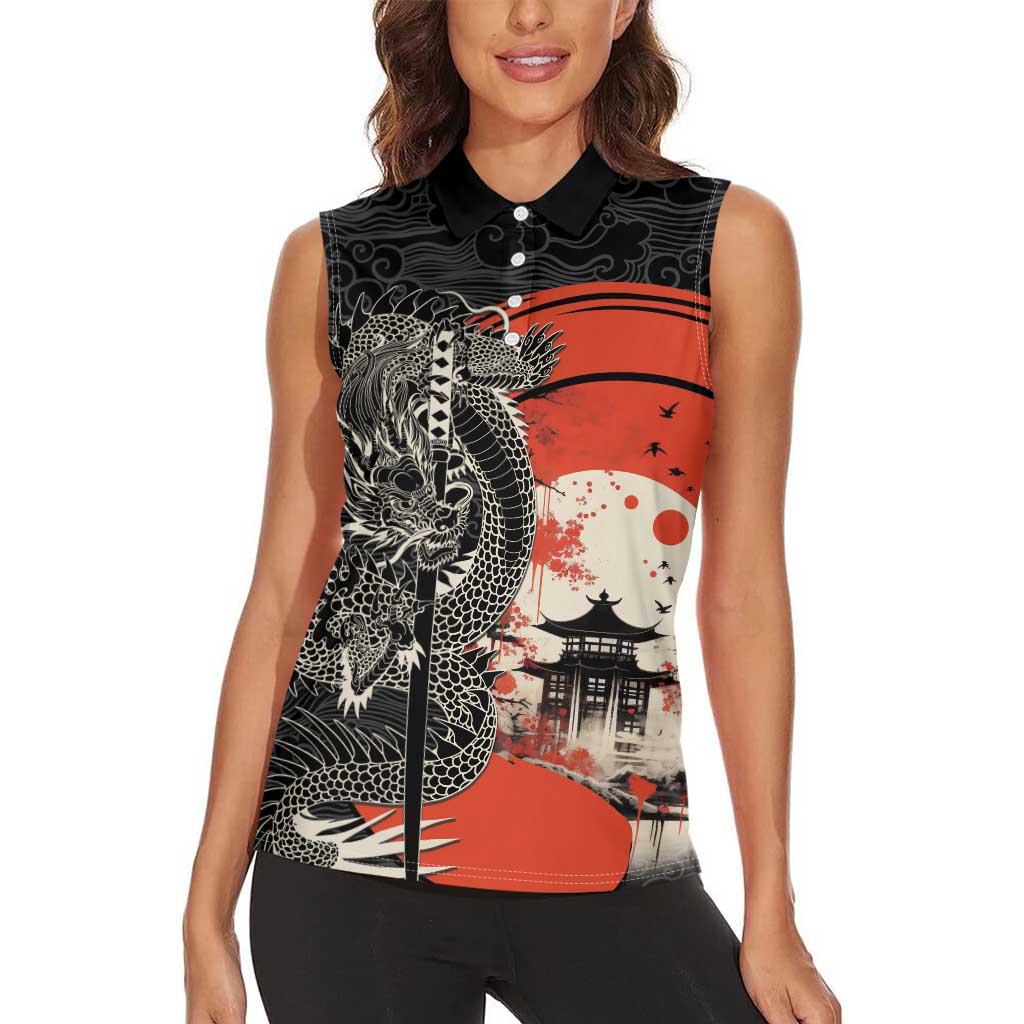 Japanese Dragon Katana Enso Women Sleeveless Polo Shirt Japan Pagoda Seamless Cloud - Wonder Print Shop
