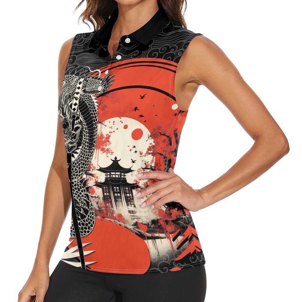 Japanese Dragon Katana Enso Women Sleeveless Polo Shirt Japan Pagoda Seamless Cloud - Wonder Print Shop