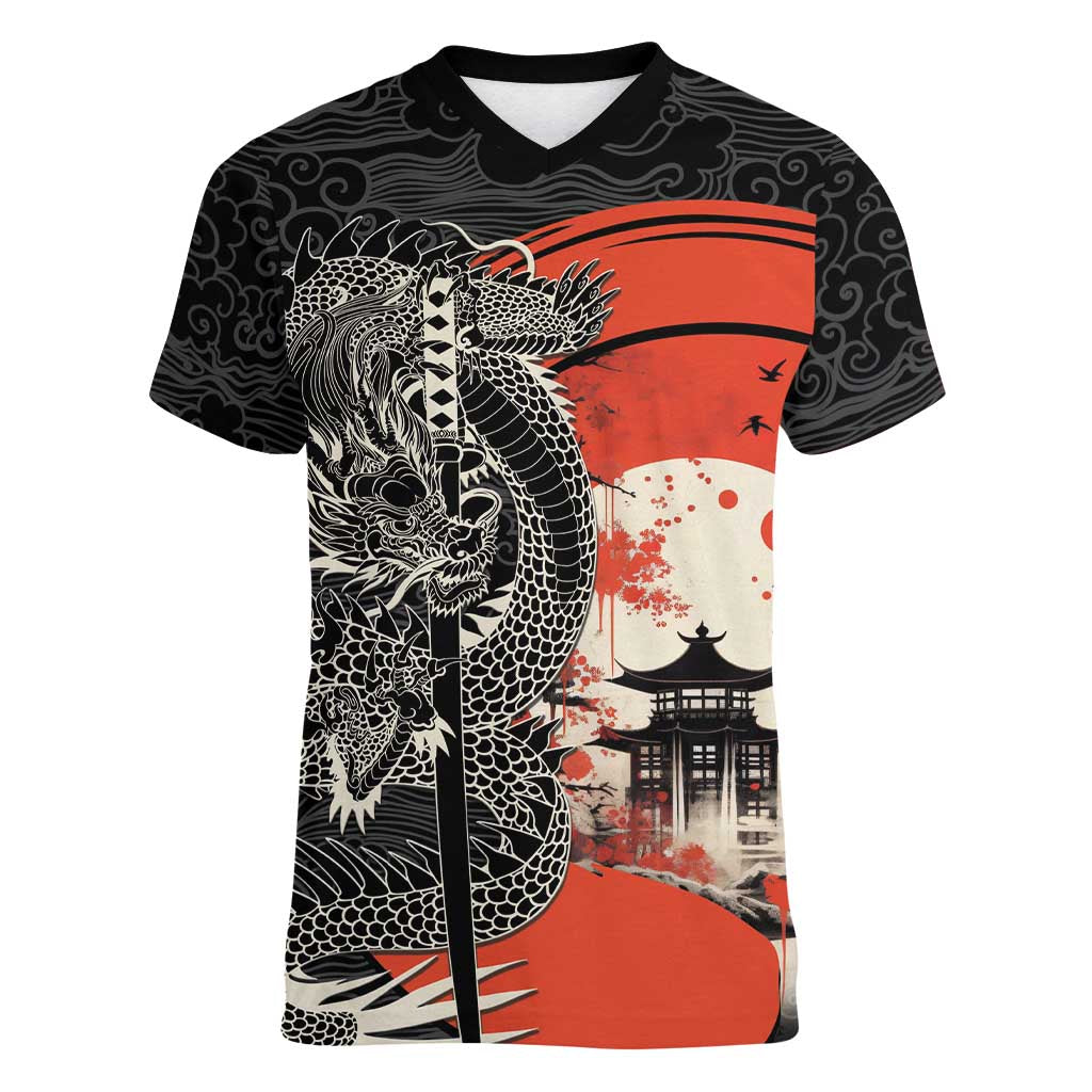 Japanese Dragon Katana Enso Women V-Neck T-Shirt Japan Pagoda Seamless Cloud - Wonder Print Shop