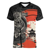 Japanese Dragon Katana Enso Women V-Neck T-Shirt Japan Pagoda Seamless Cloud - Wonder Print Shop