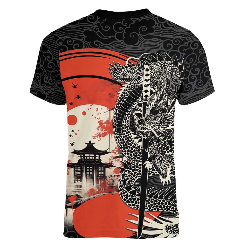 Japanese Dragon Katana Enso Women V-Neck T-Shirt Japan Pagoda Seamless Cloud - Wonder Print Shop