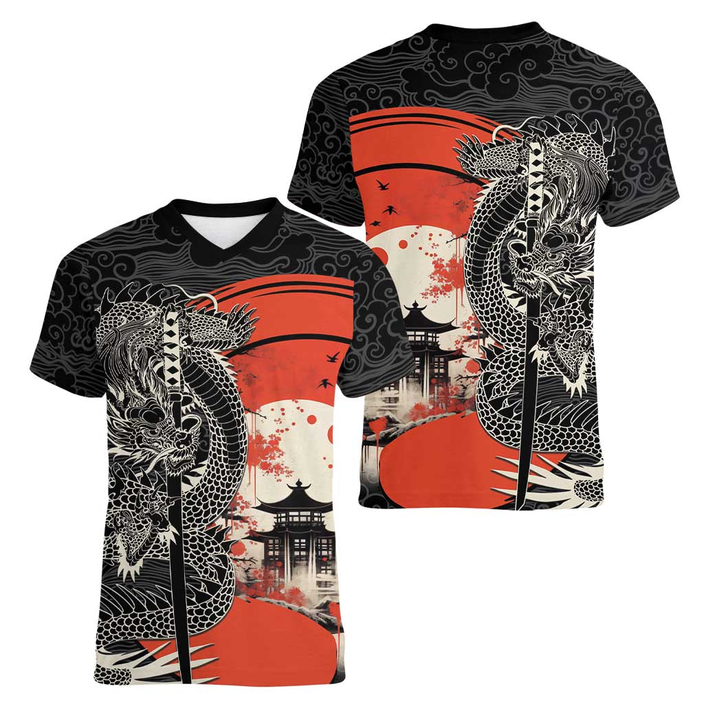 Japanese Dragon Katana Enso Women V-Neck T-Shirt Japan Pagoda Seamless Cloud - Wonder Print Shop