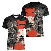 Japanese Dragon Katana Enso Women V-Neck T-Shirt Japan Pagoda Seamless Cloud - Wonder Print Shop