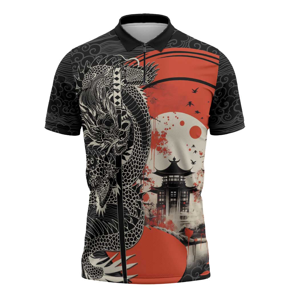 Japanese Dragon Katana Enso Zipper Polo Shirt Japan Pagoda Seamless Cloud - Wonder Print Shop