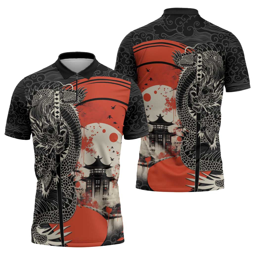 Japanese Dragon Katana Enso Zipper Polo Shirt Japan Pagoda Seamless Cloud - Wonder Print Shop