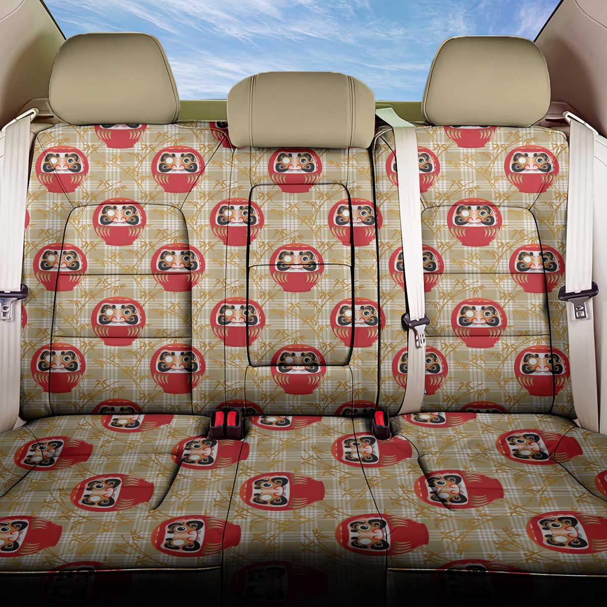 Japanese Daruma Doll Back Car Seat Cover Palaka With Seamless Bamboo Pattern - Wonder Print Shop