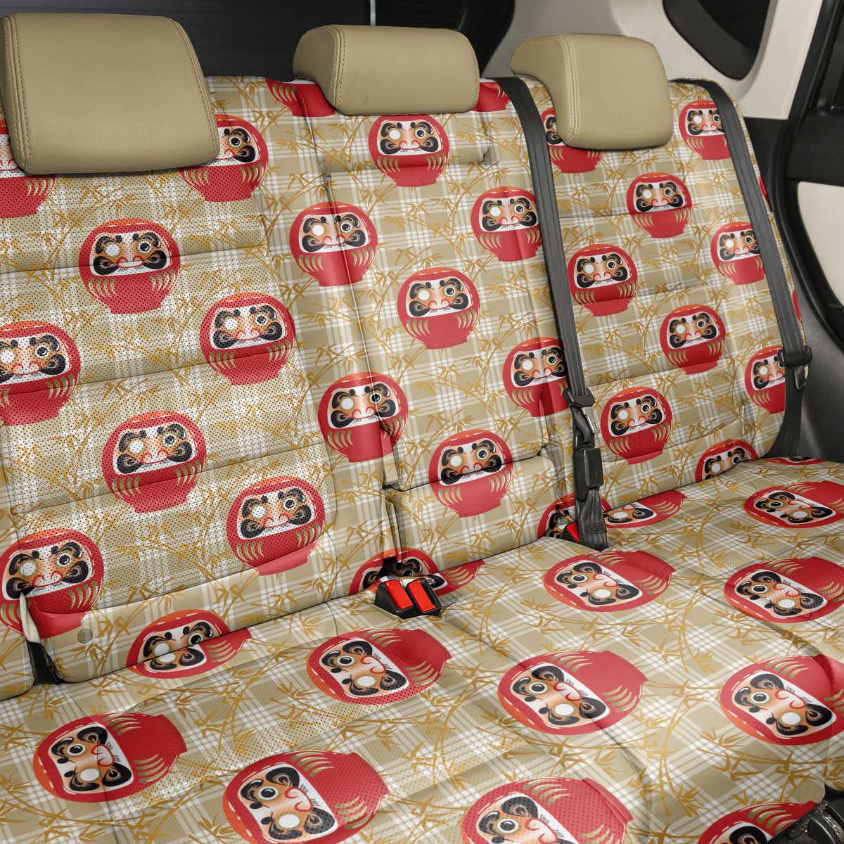 Japanese Daruma Doll Back Car Seat Cover Palaka With Seamless Bamboo Pattern - Wonder Print Shop