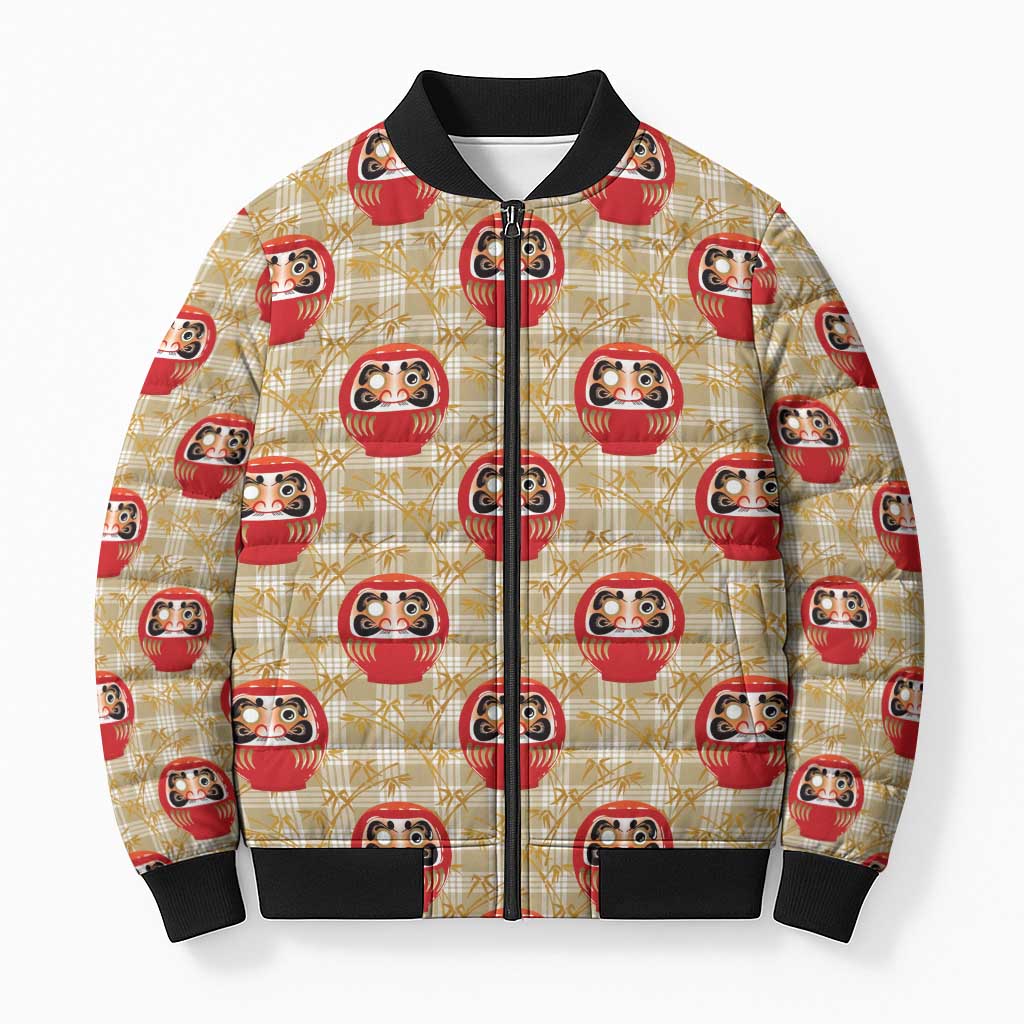 Japanese Daruma Doll Bomber Puffer Jacket Palaka With Seamless Bamboo Pattern - Wonder Print Shop