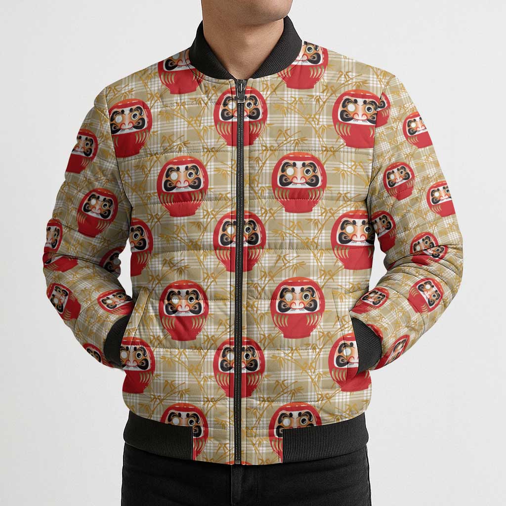Japanese Daruma Doll Bomber Puffer Jacket Palaka With Seamless Bamboo Pattern - Wonder Print Shop