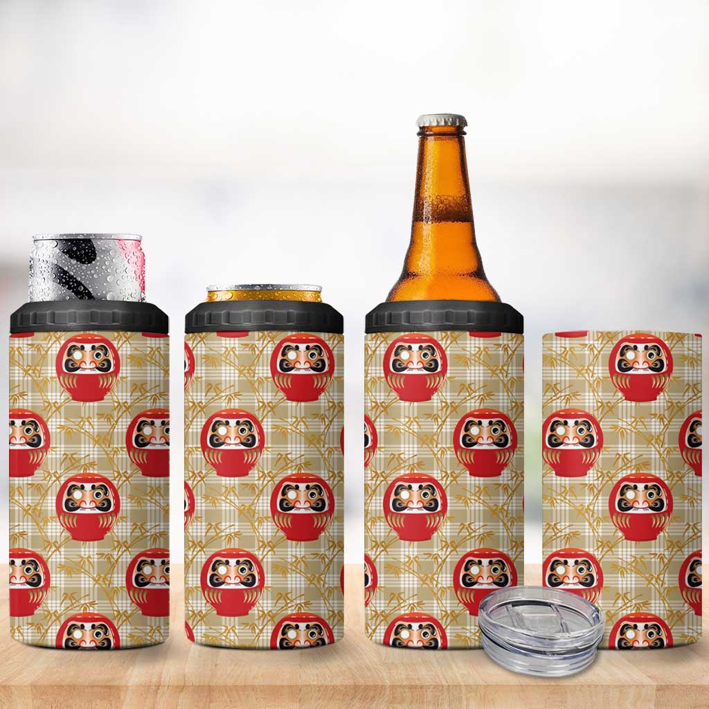 Japanese Daruma Doll 4 in 1 Can Cooler Tumbler Palaka With Seamless Bamboo Pattern - Wonder Print Shop