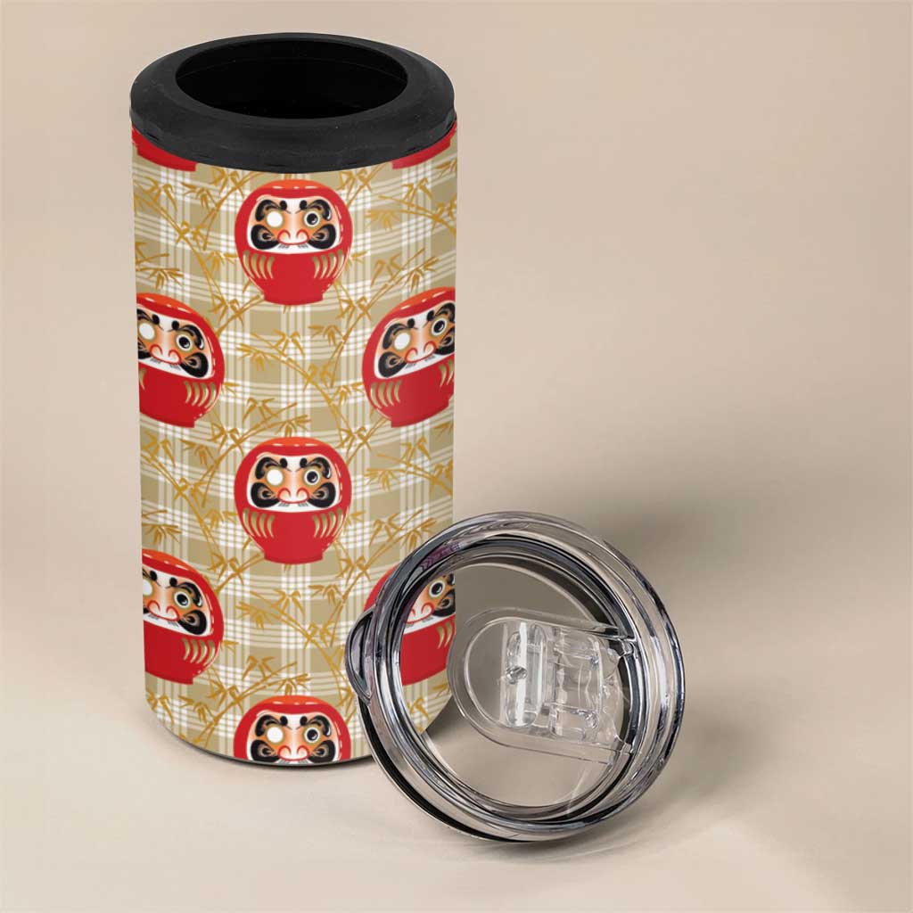 Japanese Daruma Doll 4 in 1 Can Cooler Tumbler Palaka With Seamless Bamboo Pattern - Wonder Print Shop