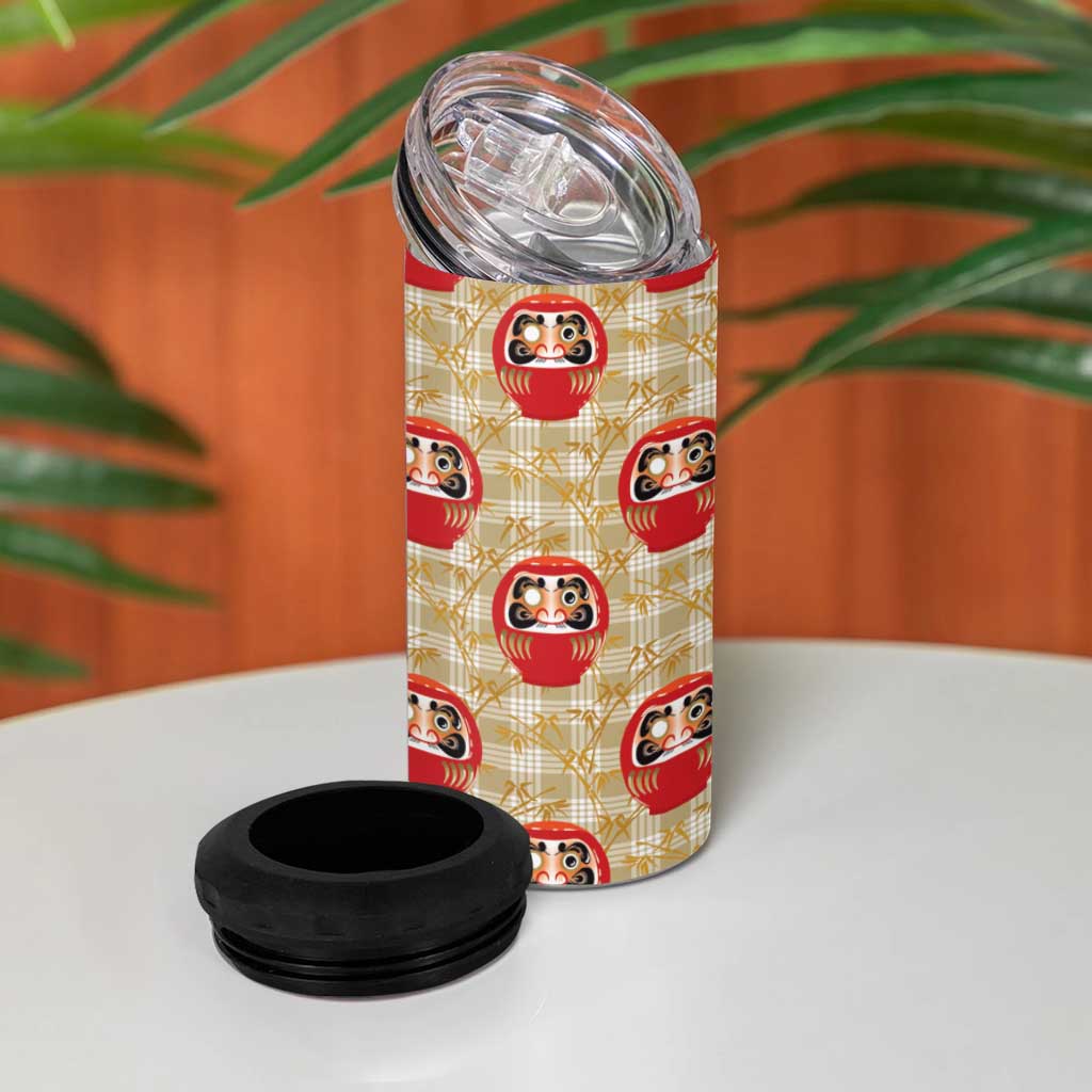 Japanese Daruma Doll 4 in 1 Can Cooler Tumbler Palaka With Seamless Bamboo Pattern - Wonder Print Shop