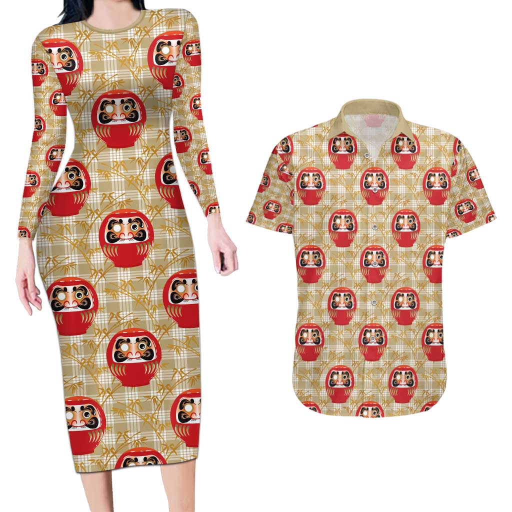 Japanese Daruma Doll Couples Matching Long Sleeve Bodycon Dress and Hawaiian Shirt Palaka With Seamless Bamboo Pattern - Wonder Print Shop