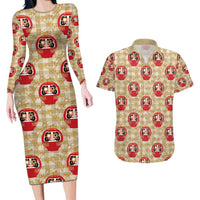Japanese Daruma Doll Couples Matching Long Sleeve Bodycon Dress and Hawaiian Shirt Palaka With Seamless Bamboo Pattern - Wonder Print Shop