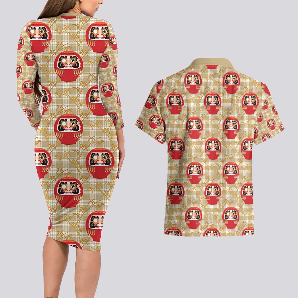 Japanese Daruma Doll Couples Matching Long Sleeve Bodycon Dress and Hawaiian Shirt Palaka With Seamless Bamboo Pattern - Wonder Print Shop