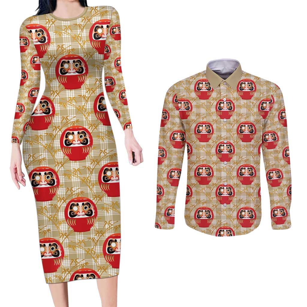 Japanese Daruma Doll Couples Matching Long Sleeve Bodycon Dress and Long Sleeve Button Shirt Palaka With Seamless Bamboo Pattern - Wonder Print Shop