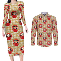 Japanese Daruma Doll Couples Matching Long Sleeve Bodycon Dress and Long Sleeve Button Shirt Palaka With Seamless Bamboo Pattern - Wonder Print Shop