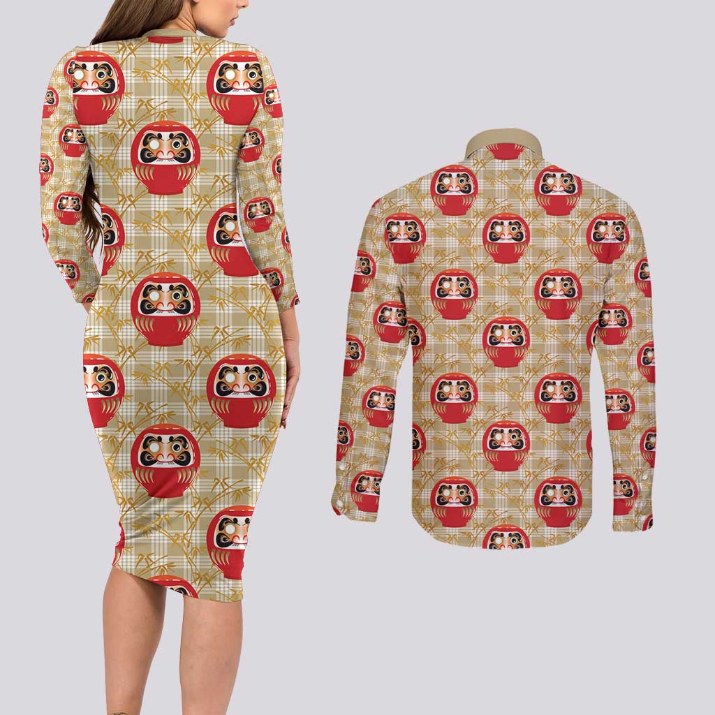 Japanese Daruma Doll Couples Matching Long Sleeve Bodycon Dress and Long Sleeve Button Shirt Palaka With Seamless Bamboo Pattern - Wonder Print Shop
