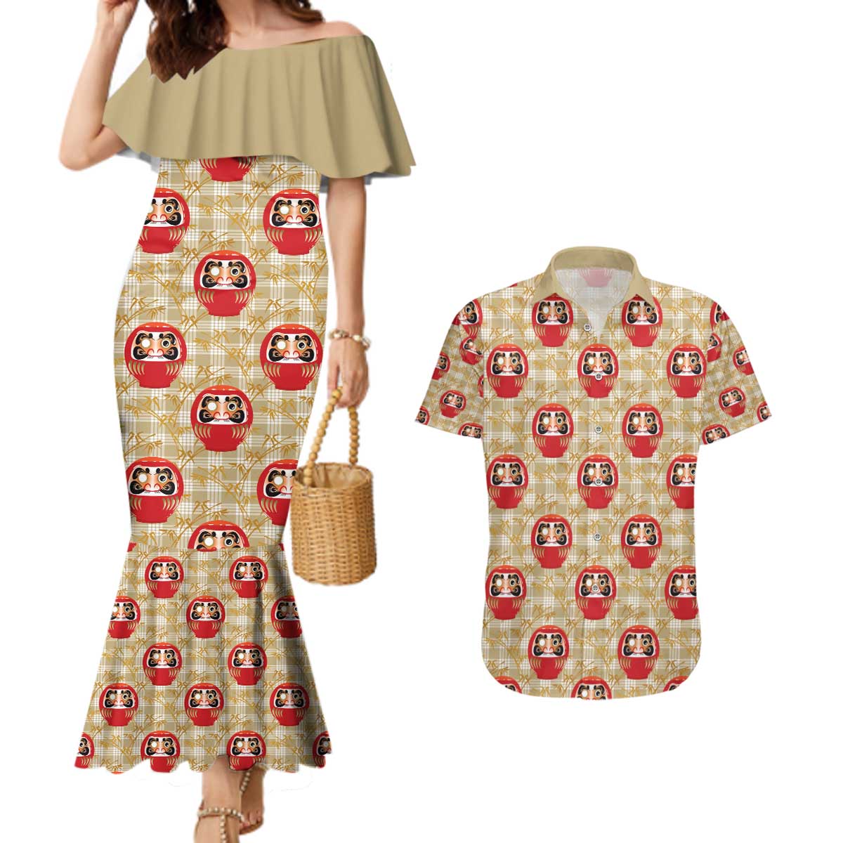 Japanese Daruma Doll Couples Matching Mermaid Dress and Hawaiian Shirt Palaka With Seamless Bamboo Pattern - Wonder Print Shop