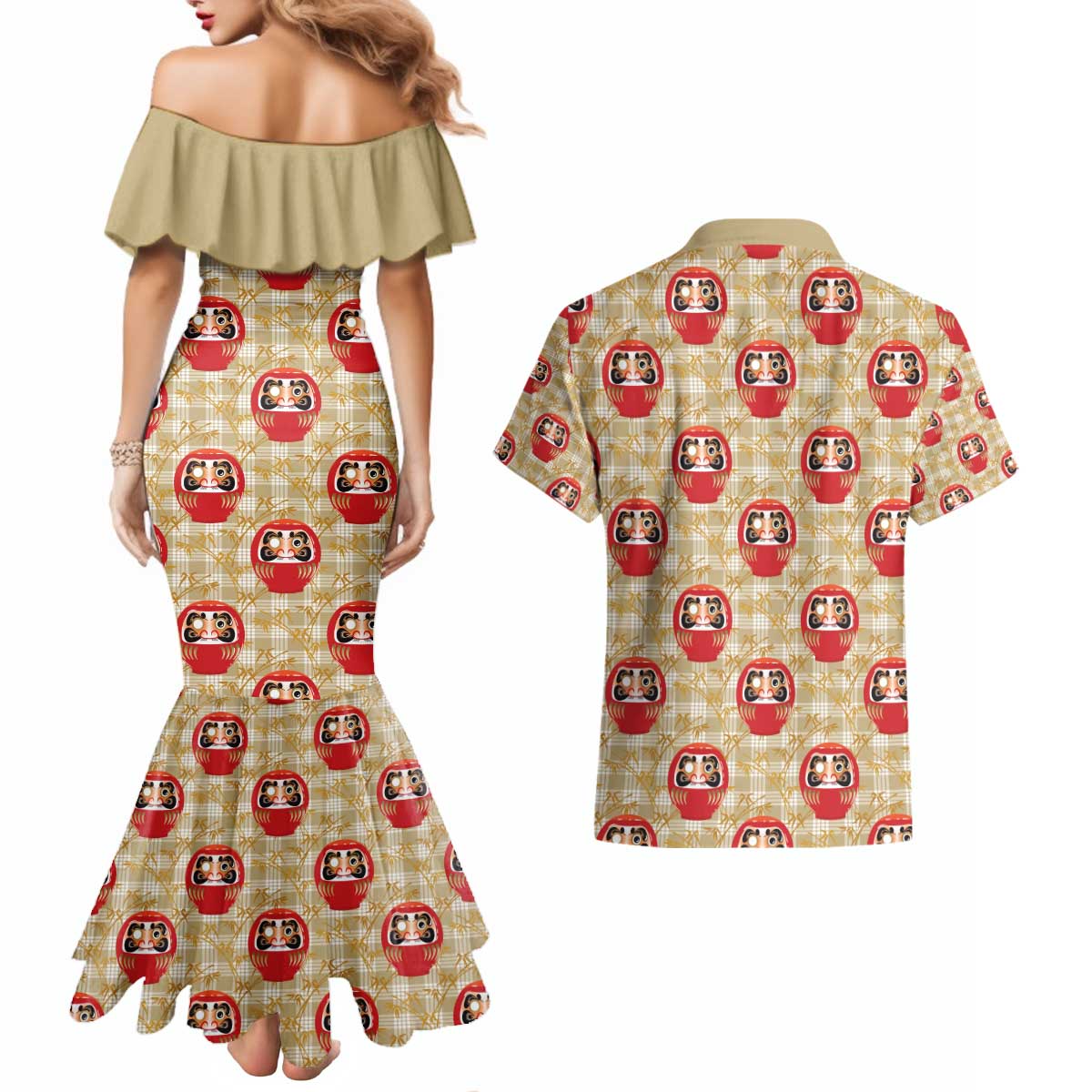Japanese Daruma Doll Couples Matching Mermaid Dress and Hawaiian Shirt Palaka With Seamless Bamboo Pattern - Wonder Print Shop