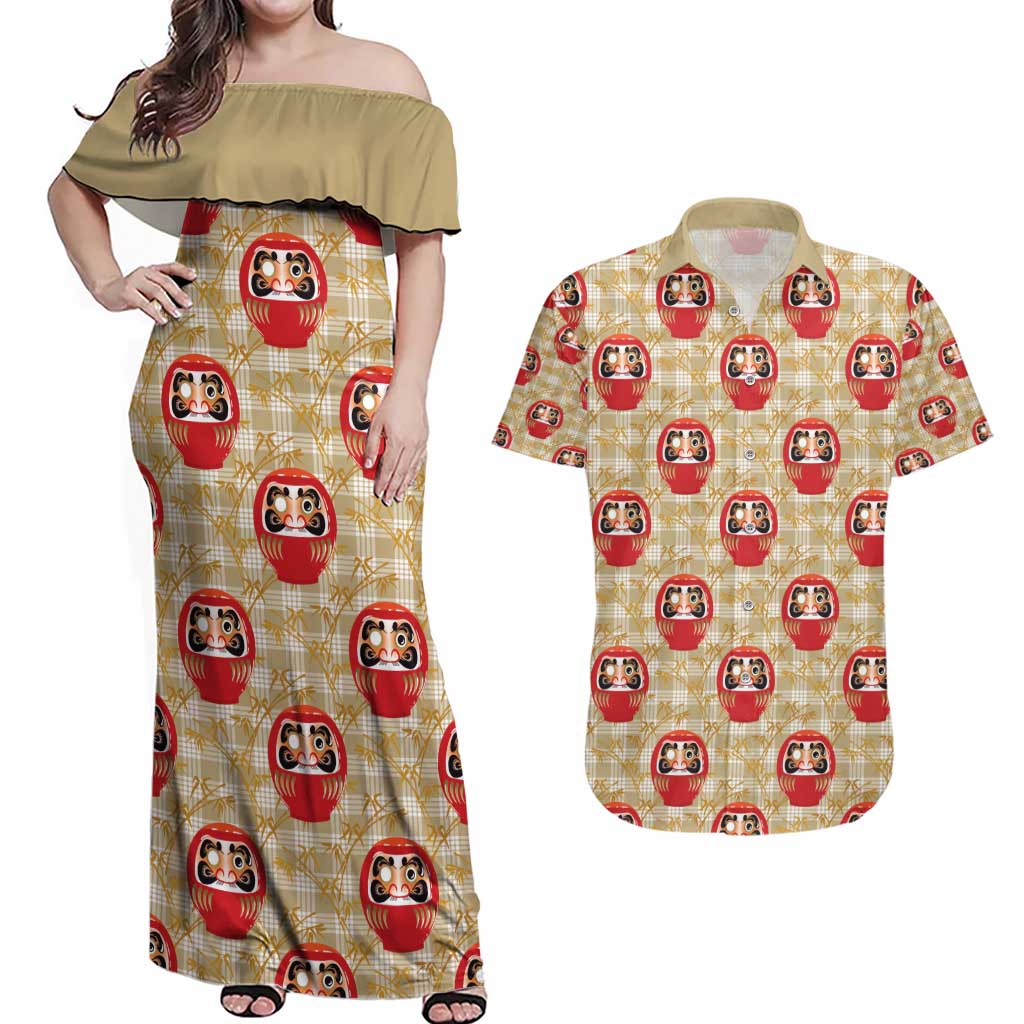 Japanese Daruma Doll Couples Matching Off Shoulder Maxi Dress and Hawaiian Shirt Palaka With Seamless Bamboo Pattern - Wonder Print Shop