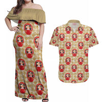 Japanese Daruma Doll Couples Matching Off Shoulder Maxi Dress and Hawaiian Shirt Palaka With Seamless Bamboo Pattern - Wonder Print Shop