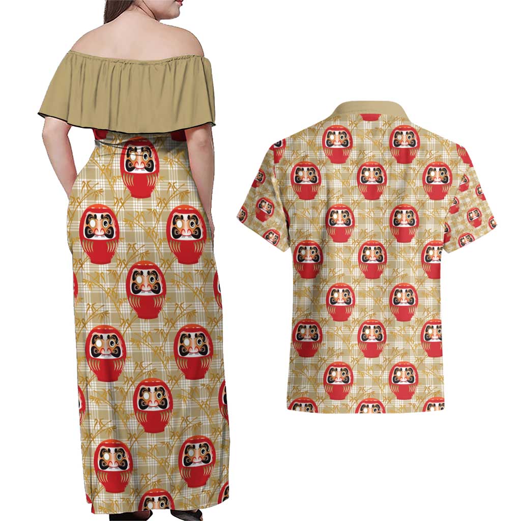 Japanese Daruma Doll Couples Matching Off Shoulder Maxi Dress and Hawaiian Shirt Palaka With Seamless Bamboo Pattern - Wonder Print Shop